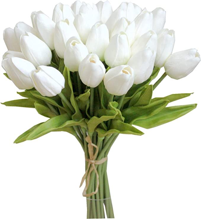 Mandy's 28pcs White Artificial Tulip Silk Flowers 13.5" for Home Decorations Centerpieces Arrange... | Amazon (US)
