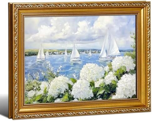 Gold Ornate Framed Wall Art - Hydrangea Sailboat Coastal Canvas Print, Ocean Nautical Artwork Rea... | Amazon (US)