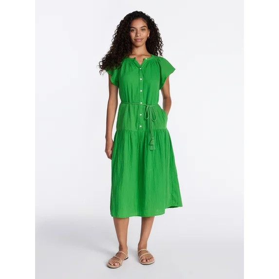 Time and Tru Women's and Women's Plus Double Cloth Midi Dress, Sizes XS-4X | Walmart (US)