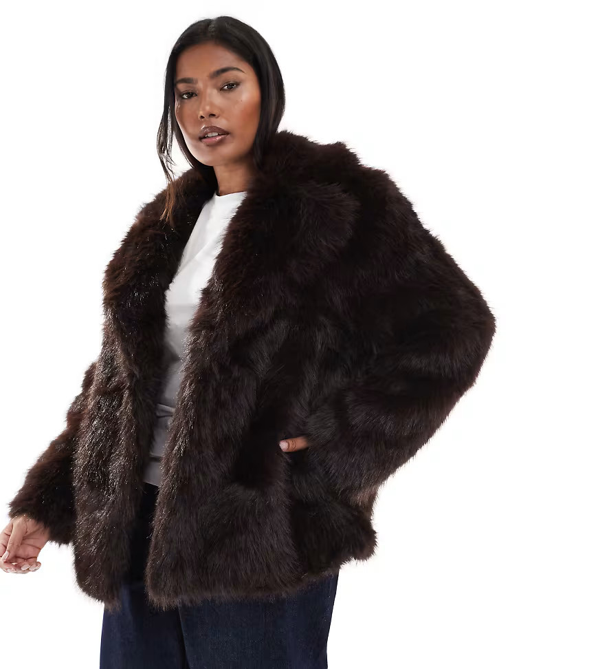 New Look Curve faux fur coat in brown | ASOS (Global)