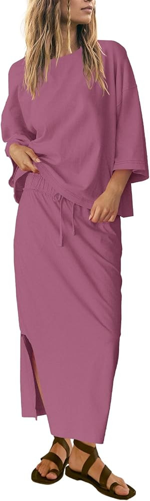 SENSERISE Womens 2 Piece Outfits Oversized Top and Maxi Skirt Set Summer Matching Sets Travel Vac... | Amazon (US)