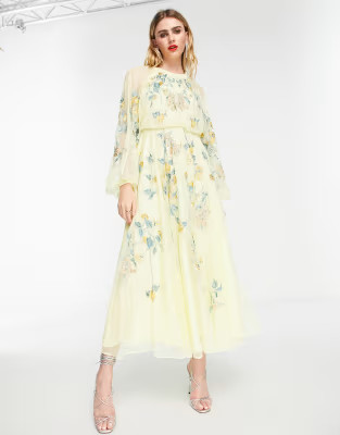 ASOS EDITION floral embroidered mesh midi dress with blouson sleeves in lemon | ASOS (Global)
