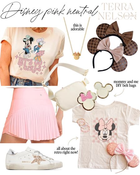 Disney outfits for summer. Muted pink neutral / belt bag with chenille patch / pink tennis skirt / golden goose sneakers 

#LTKstyletip #LTKfamily #LTKFind