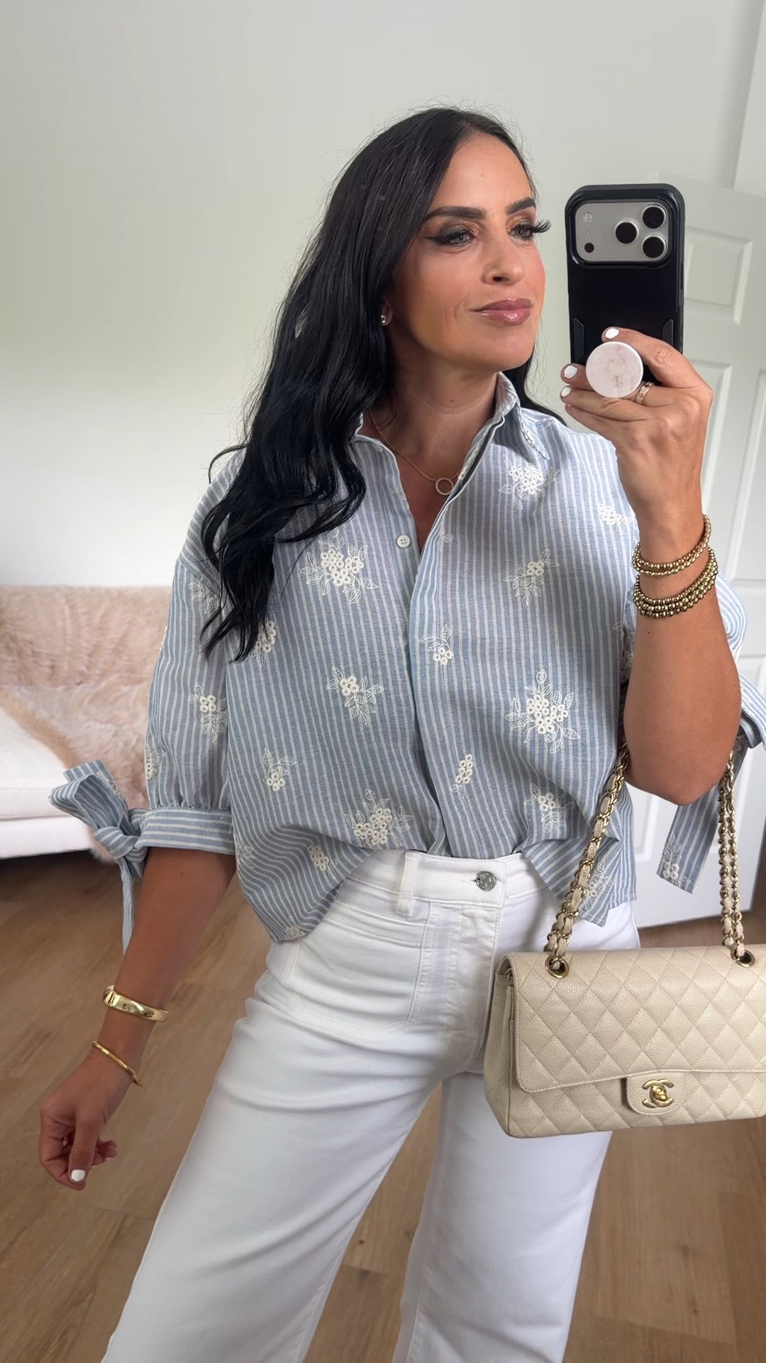 Petal & Pup Floriana Embroidered Tie Sleeve Shirt wearing size small. Frame jeans wearing size 27
