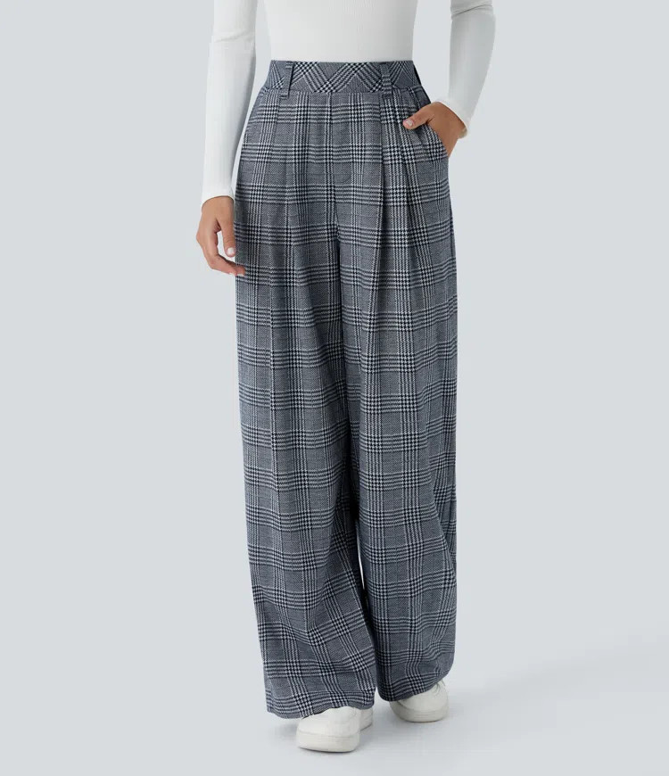 Women’s High Waisted Pocket Wide Leg Houndstooth Plaid Casual Pants - Halara | HALARA