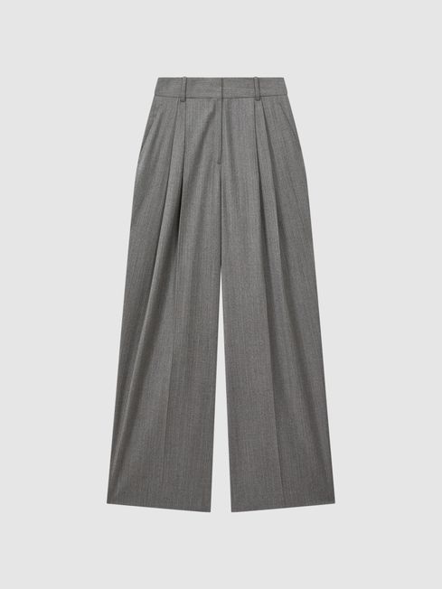 Reiss Grey Otis Wool Blend Pinstripe Wide Leg Trousers | Reiss UK
