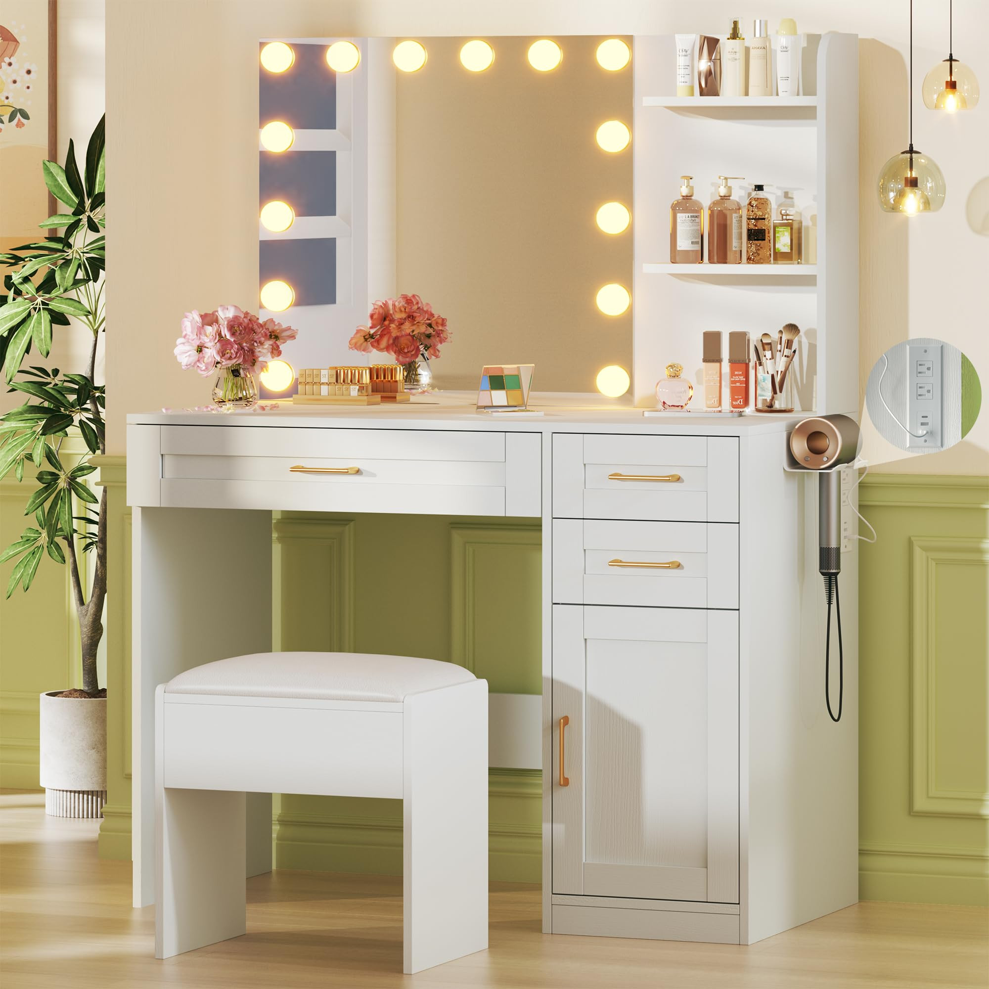 Vanity Desk with Lights, 37inch Makeup Vanity Desk with Mirror & Power Outlet, 3 Colors Lighting Adjustable Brightness, Makeup Vanity Set with Cushioned Chair and Cabinet, 3 Drawers, White | Amazon (US)