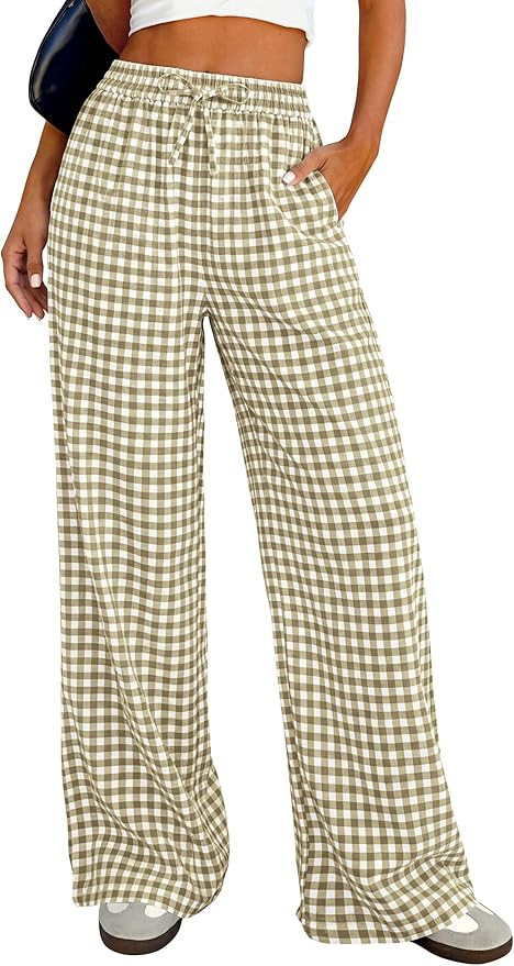 PRETTYGARDEN Women's Wide Leg Gingham Lounge Pants Summer 2026 Casual Plaid Trousers Spring Y2K C... | Amazon (US)