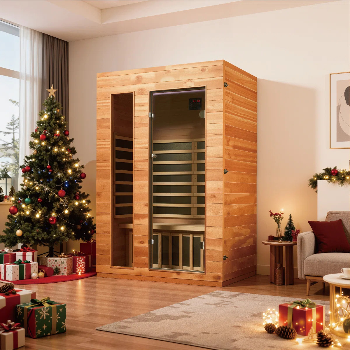 Hongyuan 2-Person Indoor Far Infrared Sauna with 5 Heaters, Tempered Glass Door, Okoume & Hemlock... | Wayfair North America
