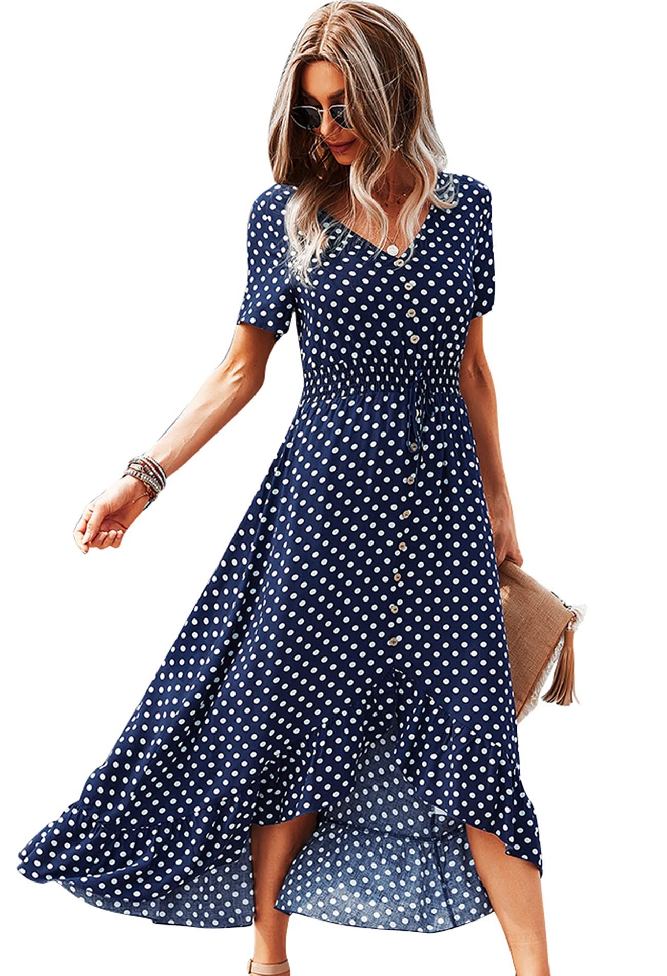 Women's Polka Dot Maxi Dresses Casual Button Up Split Long Boho Beach Party Dresses | Amazon (US)