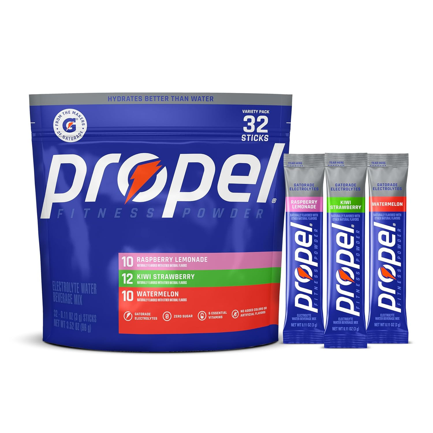 Propel Electrolyte Powder Drink Mix, Packets, 3 Flavor Variety Pack, (32 Servings), Zero Sugar, Enhanced Water Beverage, Gatorade Electrolytes, Vitamins, No Added Colors, No Artificial Flavors | Amazon (US)