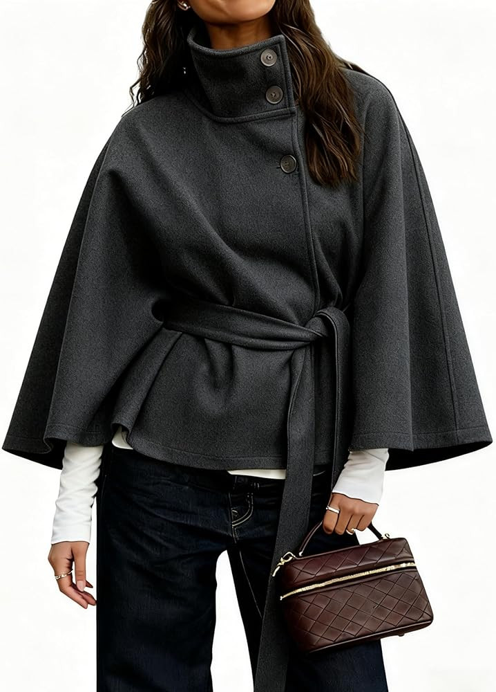 Hooever Women Batwing Sleeve Ponchos Pea Coat Wool Bland Stand Collar Jacket Winter Cropped Overc... | Amazon (US)