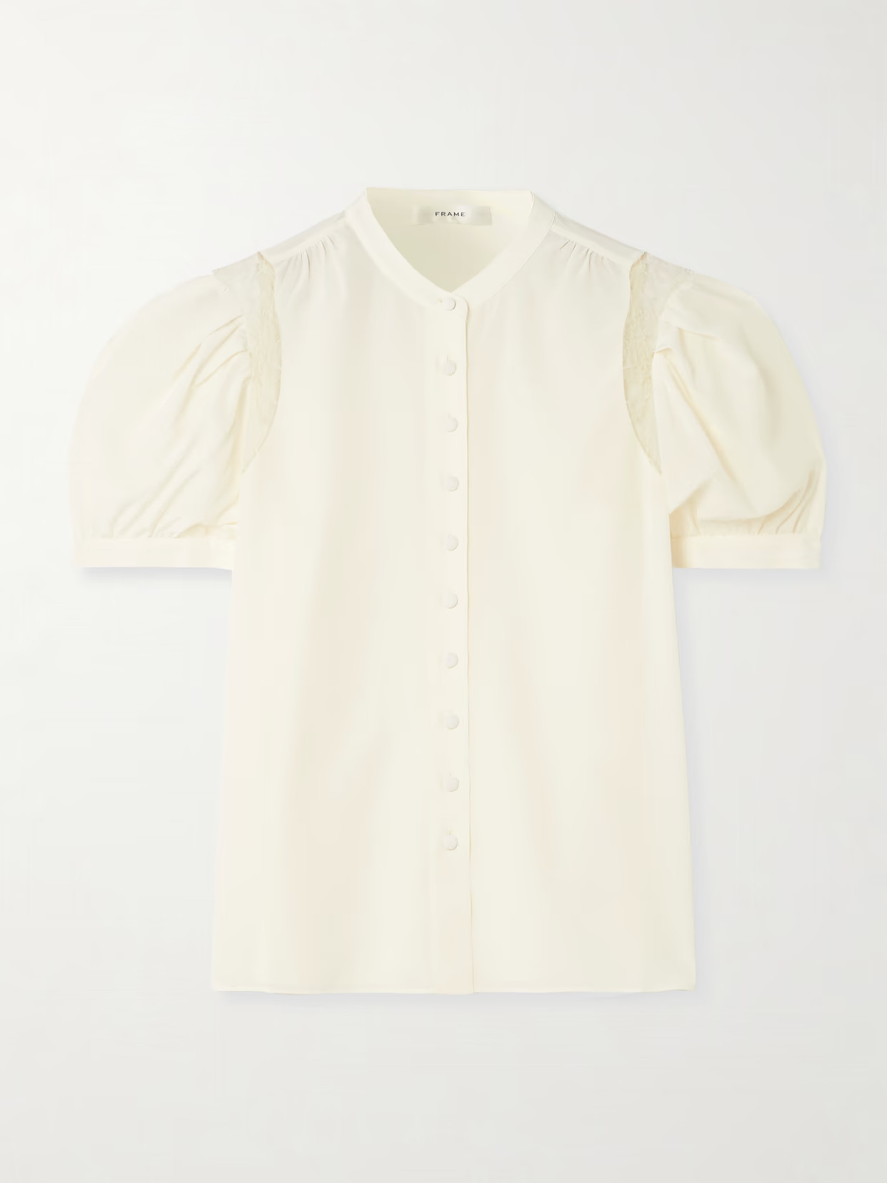 FRAME - Ruched Lace-trimmed Silk Crepe De Chine Blouse - Cream | NET-A-PORTER (US)