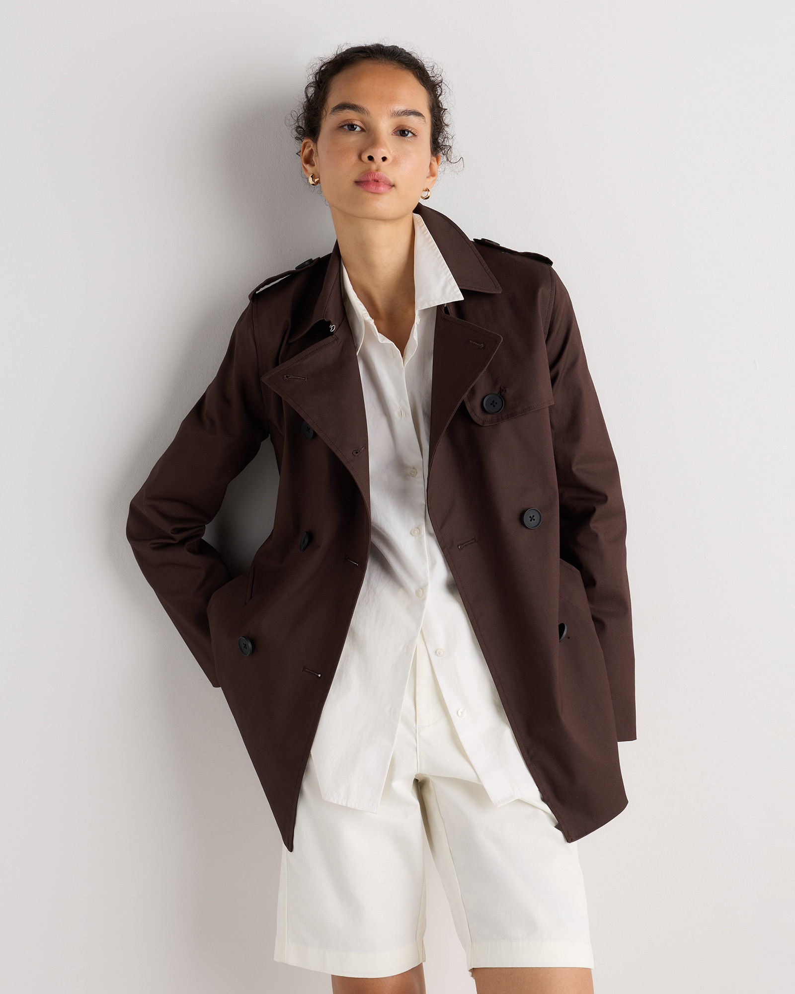 Quince | Women's Comfort Stretch Short Trench Coat in Light Khaki, Size XS, Organic Cotton | Quince