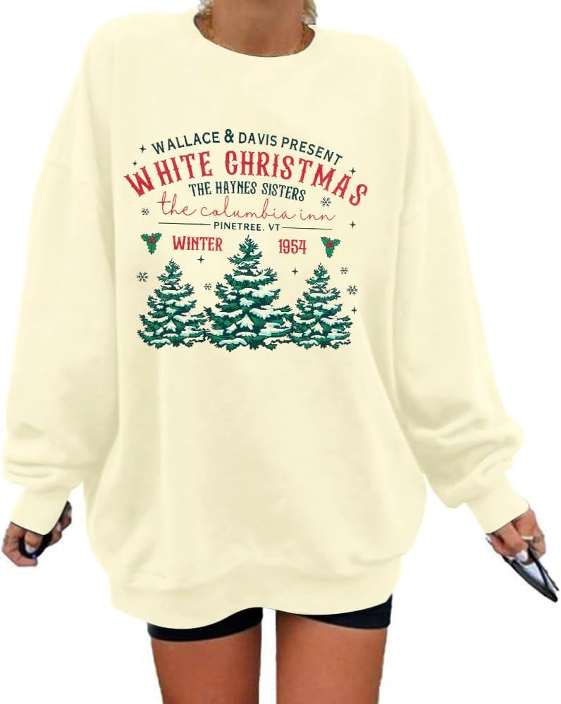 MYHALF Womens White Christmas Sweatshirt Crewneck Christmas Tree Graphic Shirts Oversized Xmas Pu... | Amazon (US)