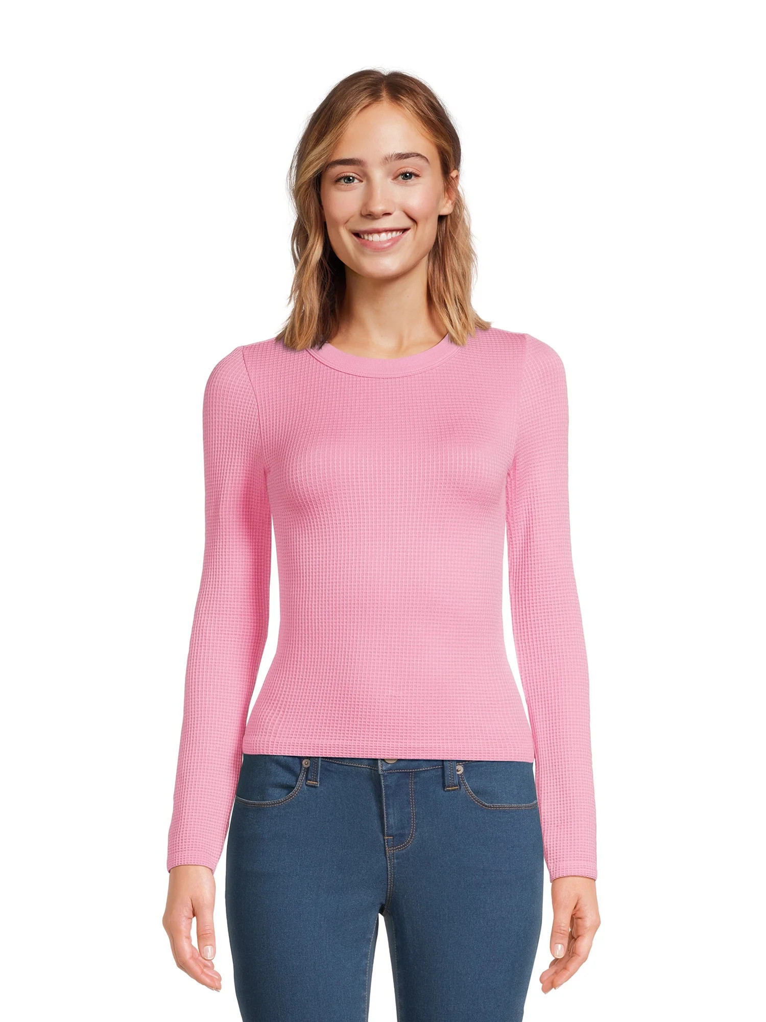 No Boundaries Juniors’ Crewneck Waffle Tee with Long Sleeves, Sizes XS-XXL - Walmart.com | Walmart (US)