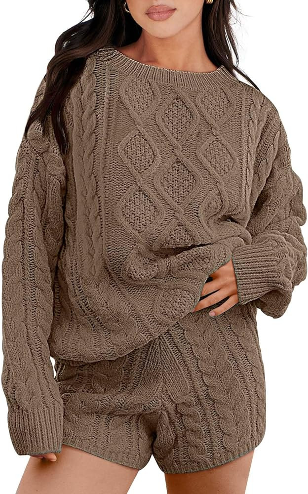 ANRABESS Womens 2 Piece Outfits Sweater Sets 2024 Fall Cable Knit Oversized Pullover Short Pants ... | Amazon (US)