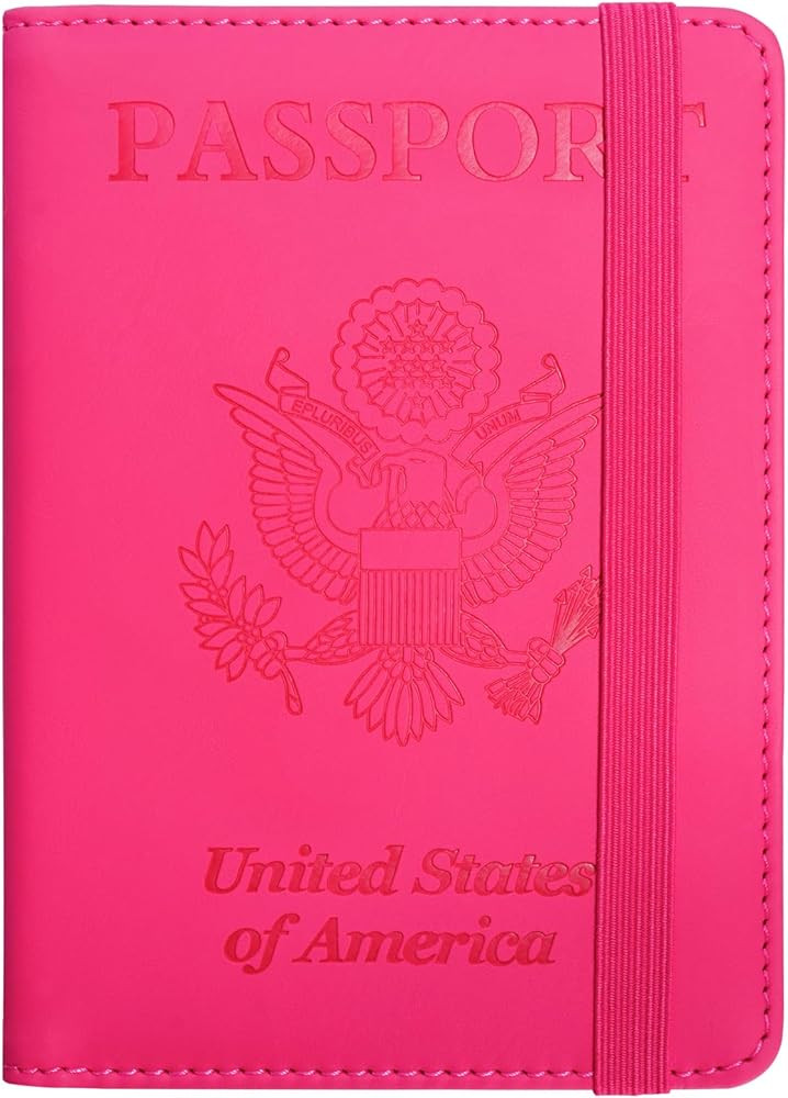 Mymazn Passport Holder, RFID Blocking Passport Cover Wallet Case with Elastic Strap, Faux Leather Passport Card Holder, Cute Travel Essentials for Women Men Family, Hot Pink | Amazon (US)