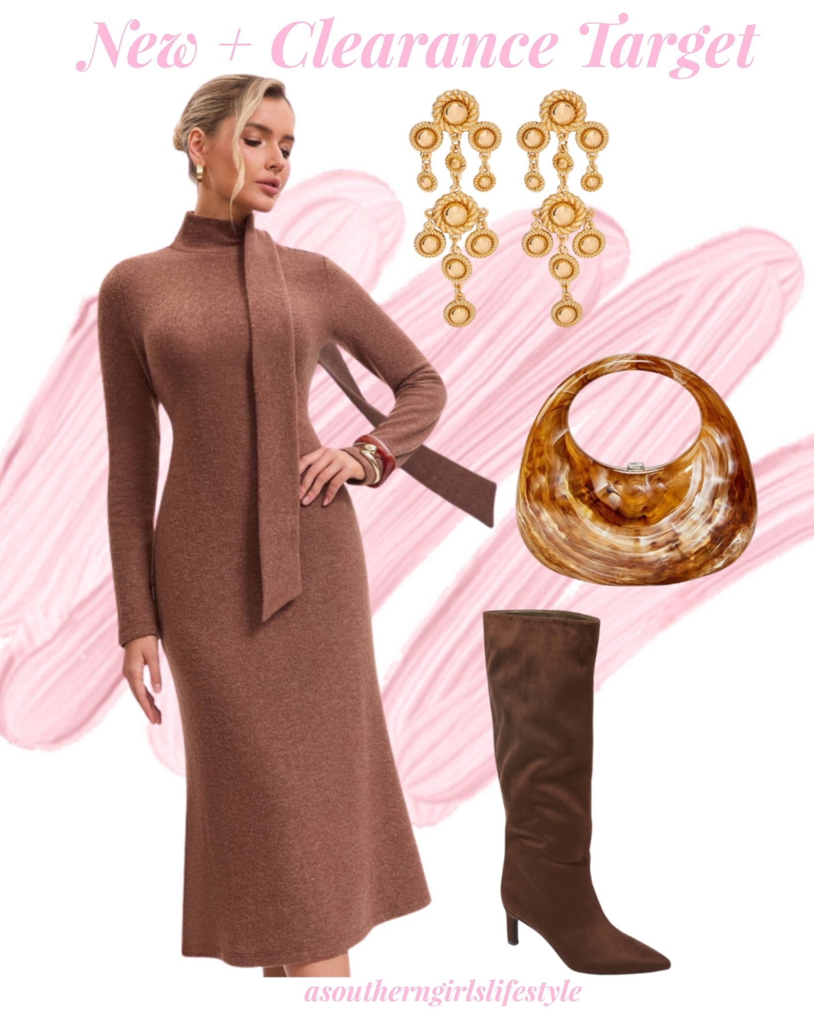 Chic Winter Target Outfit - New + Clearance Pieces 

Long Sleeve Fishtail Midi Sweater Dress, Bead Chandelier Earrings, Brown Crescent Marble Minaudiere Clutch & Brown Boots

#LTKSeasonal #LTKFindsUnder50 #LTKSaleAlert