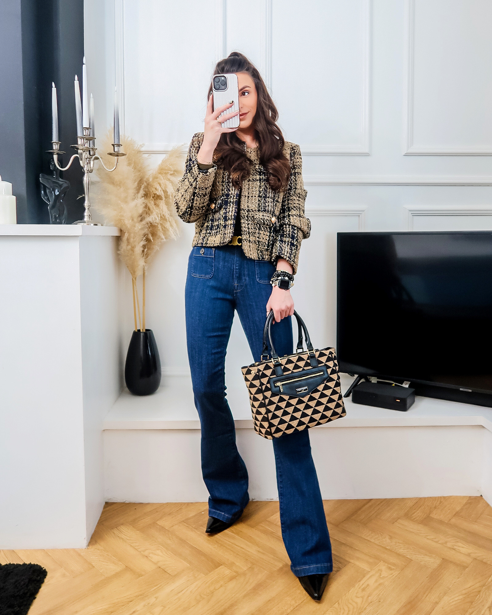 spring outfit, casual chic, business casual, workwear inspo, smart casual fashion, flare jeans outfit, tweed blazer, timeless style, fashion influencer style, Monday outfit, Saint and Sofia fashion 

#LTKeurope #LTKuk #LTKspring