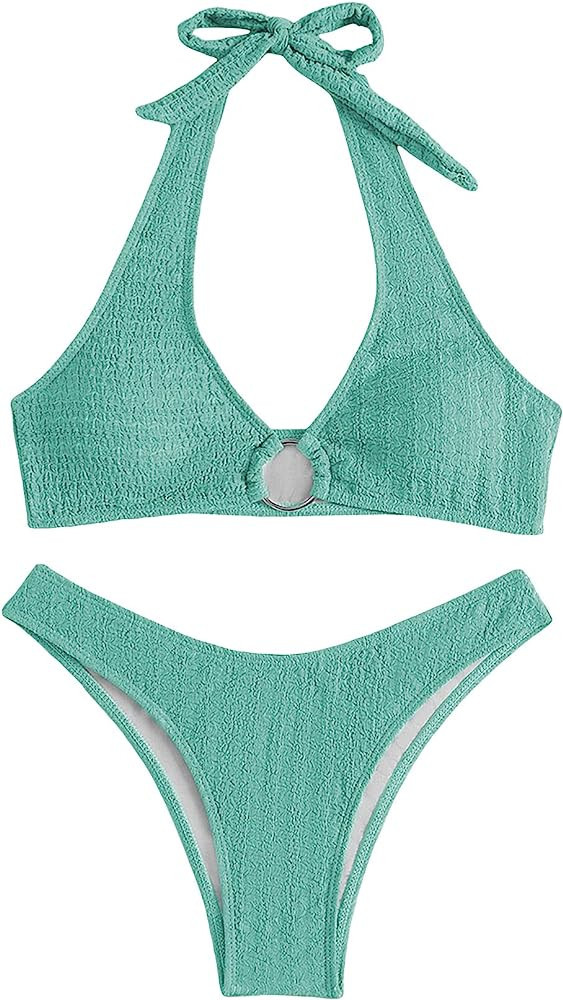 SweatyRocks Women's 2 Piece Swimsuit Solid Halter High Cut Bikini Bathing Suit | Amazon (US)