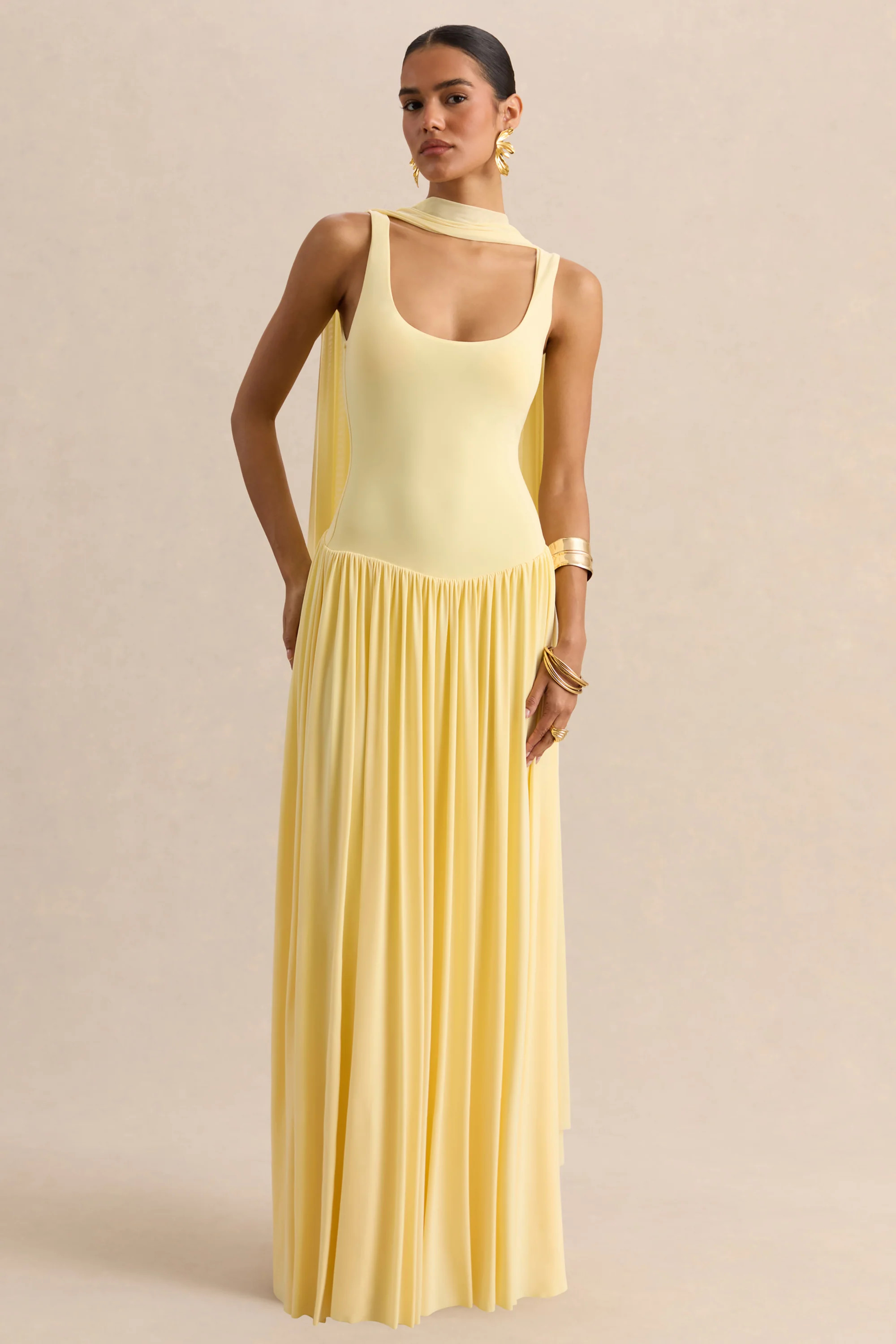 Aurina | Lemon Square-Neck Maxi Dress With Cape | Club L London