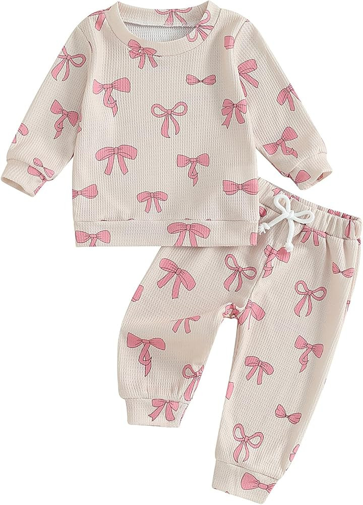 NZNDSHD Fall Baby Girl Clothes Ruffle Long Sleeve Bow Print Sweatshirt Top Pants Set 2Pcs Waffle ... | Amazon (US)
