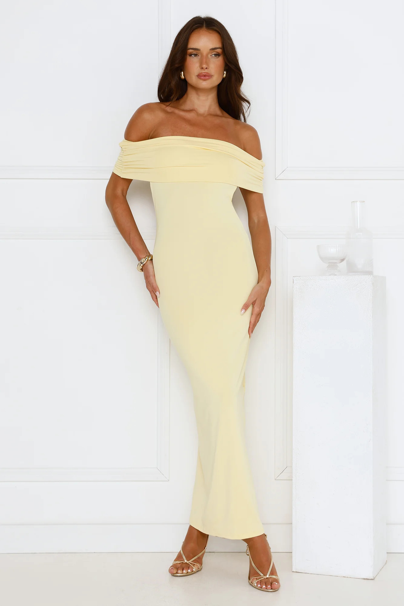 Soft Whispers Off Shoulder Maxi Dress Yellow | Hello Molly (US)
