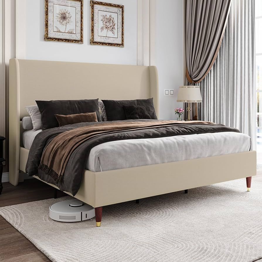 Jocisland King Bed Frame Upholstered Bed with Wingback Headboard Platform Bed King Size/No Box Sp... | Amazon (US)