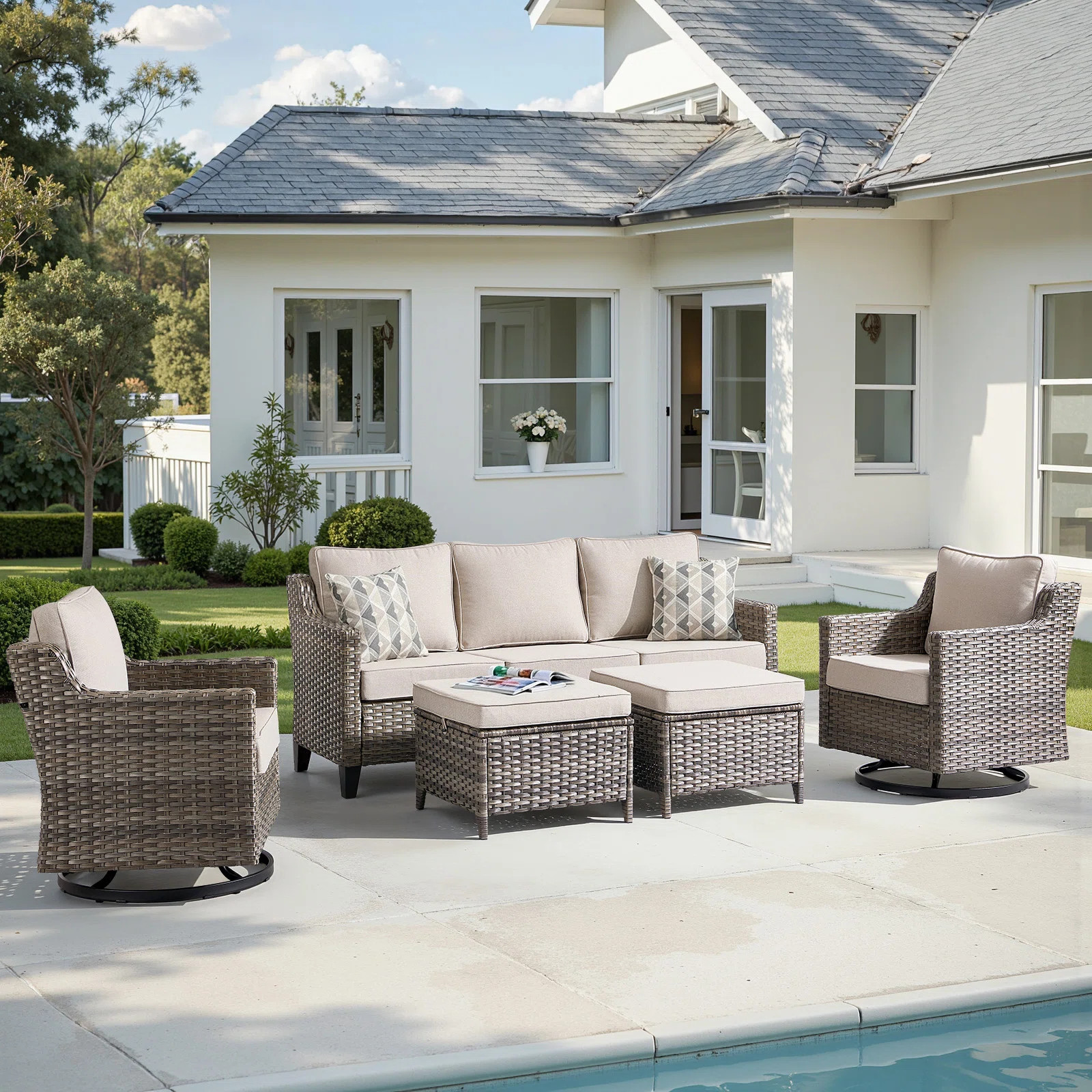 Red Barrel Studio® 5 Pieces Outdoor Wicker Patio Conversation Furniture Set, 5-Person Seating Group With Swivel Chairs & Ottomans, All-Weather PE Rattan Outdoor Sofa Set For Poolside, Garden, Deck, Blue, Beige & Reviews | Wayfair | Wayfair North America