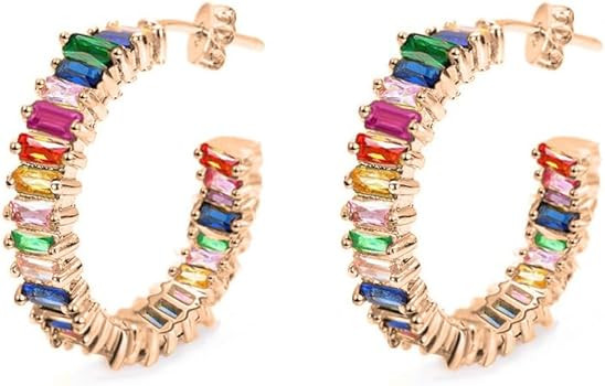 Savlano 14K Gold Plated Cubic Zirconia Multicolor Rainbow Round Hoop Stud Earrings for Women & Gi... | Amazon (US)