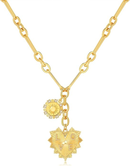 Sun Heart Necklace for Women 18K Gold Plated 2 Charms Heart Pendant Necklace Chunky Choker Chain ... | Amazon (US)