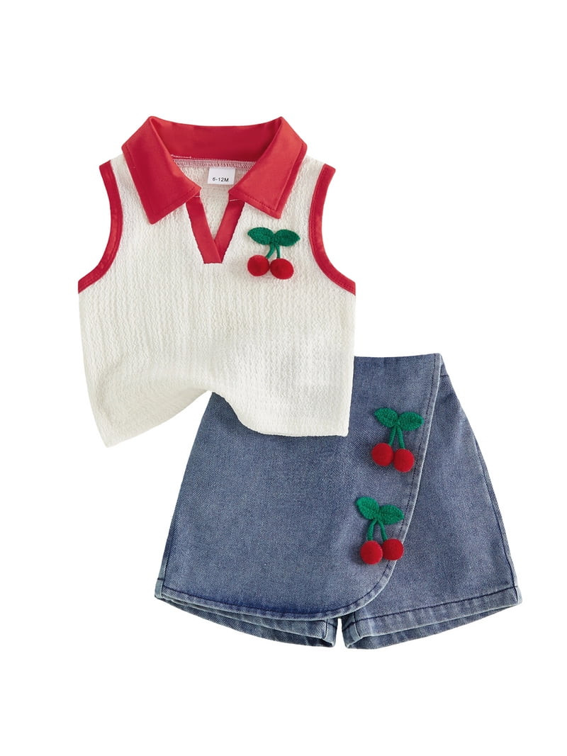 BemeyourBBs Toddler Baby Girl Summer Clothes Kids Baby Girl 2 Piece Cherry Denim Outfits Cherry D... | Walmart (US)