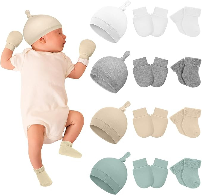 Ramede 4 Pack Preemie Hats Mitten and Socks Set Cotton Preemie Cap No Scratch Preemie Mittens War... | Amazon (US)