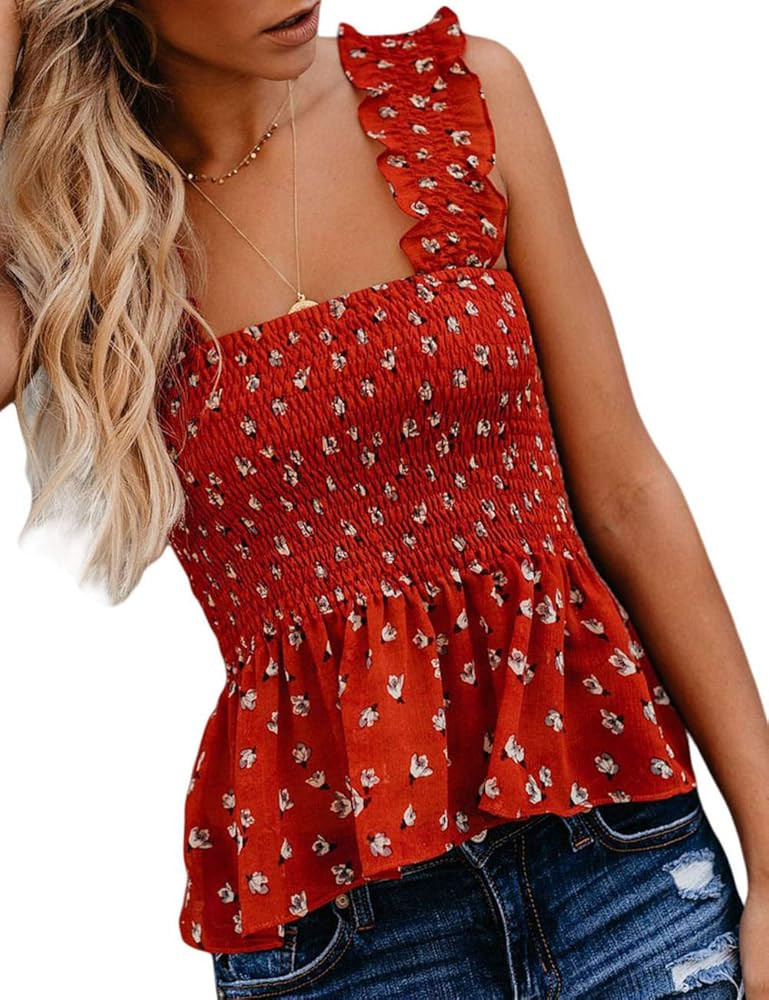 CILKOO Women's Frill Smocked Crop Tank Top Tie Shoulder Strap Vest(S-XXL) | Amazon (US)