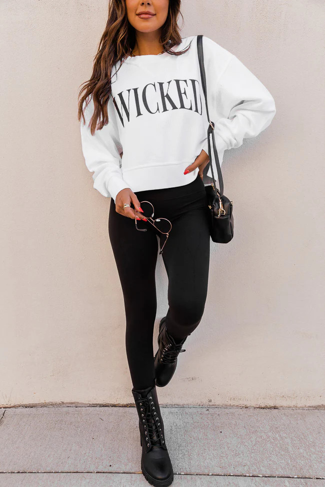 Wicked White Cropped Corded Graphic Sweatshirt | The Pink Lily Boutique