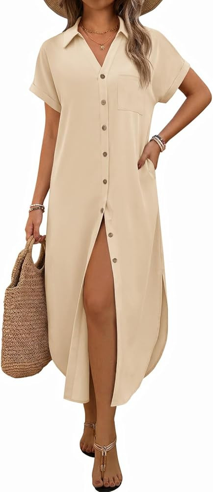 Yousify Summer Dresses for Women 2026 Casual Short Sleeve Button Down Maxi Dress Beach Cover Ups ... | Amazon (US)