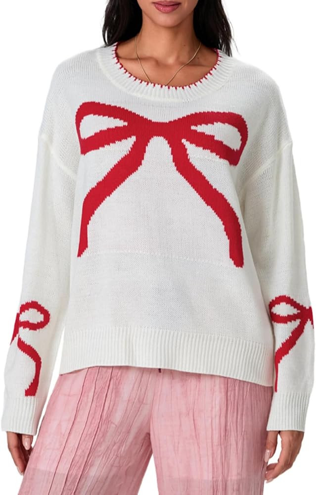 Women Cute Bow Sweater Y2k Long Sleeve Crew Neck Knit Sweaters Aesthetic Pullover Top | Amazon (US)