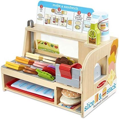 Melissa & Doug Wooden Slice & Stack Sandwich Counter with Deli Slicer – 56-Piece Pretend Play Food P | Amazon (US)