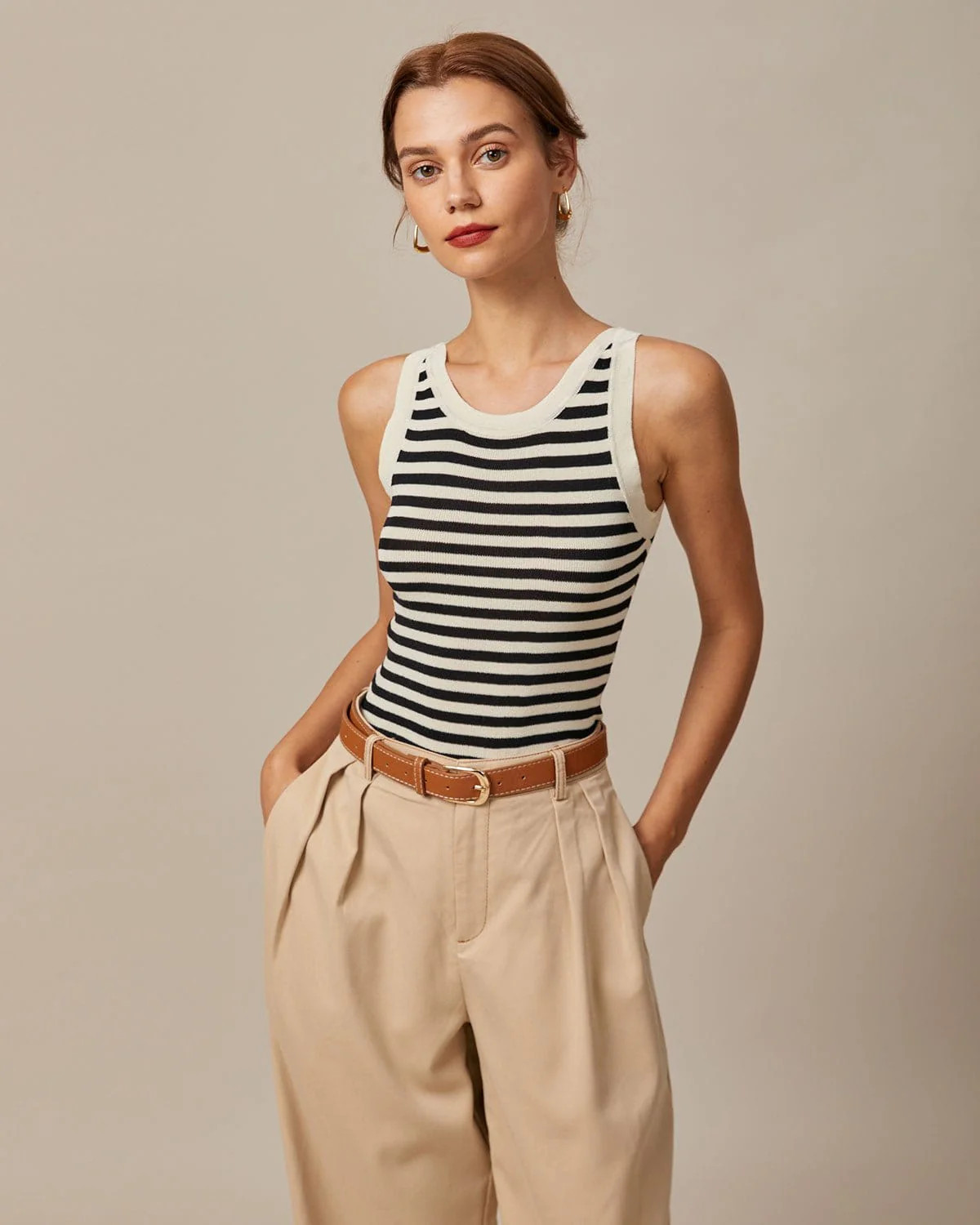 The Black Round Neck Striped Tank Top & Reviews - Black - Tops | RIHOAS | rihoas.com