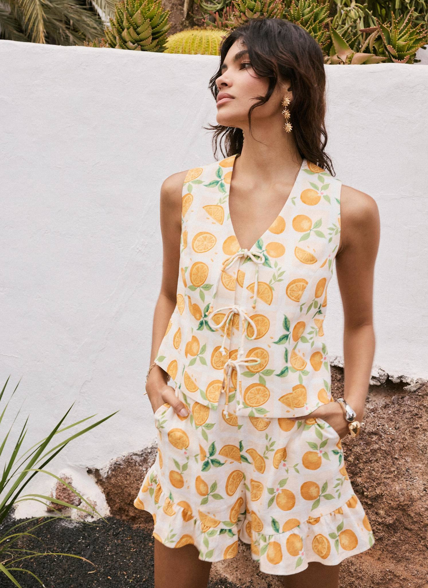 Orange Print Linen Blend Waistcoat Top | Mint Velvet