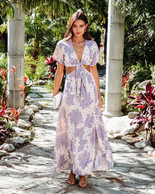 Forbidden Island Printed Cutout Maxi Dress - Lavender/Cream | VICI Collection