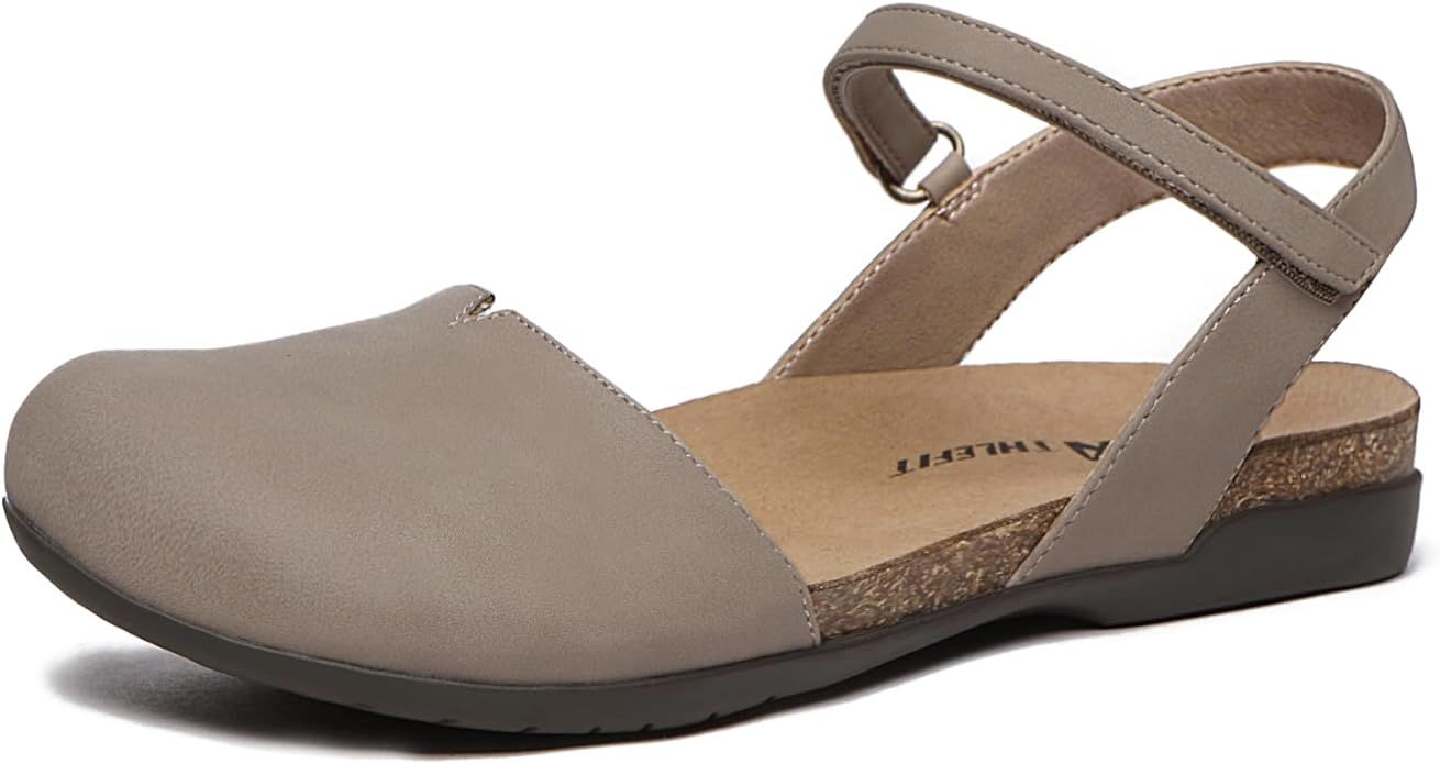 Athlefit Women's Closed Toe Sandals Comfort Cork Footbed Arch Support Flat Sandals | Amazon (US)