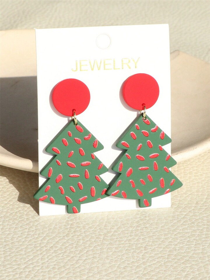1pair Teen Girls' Green Christmas Tree Printed Clay-Effect Acrylic Earrings For Christmas Party | SHEIN