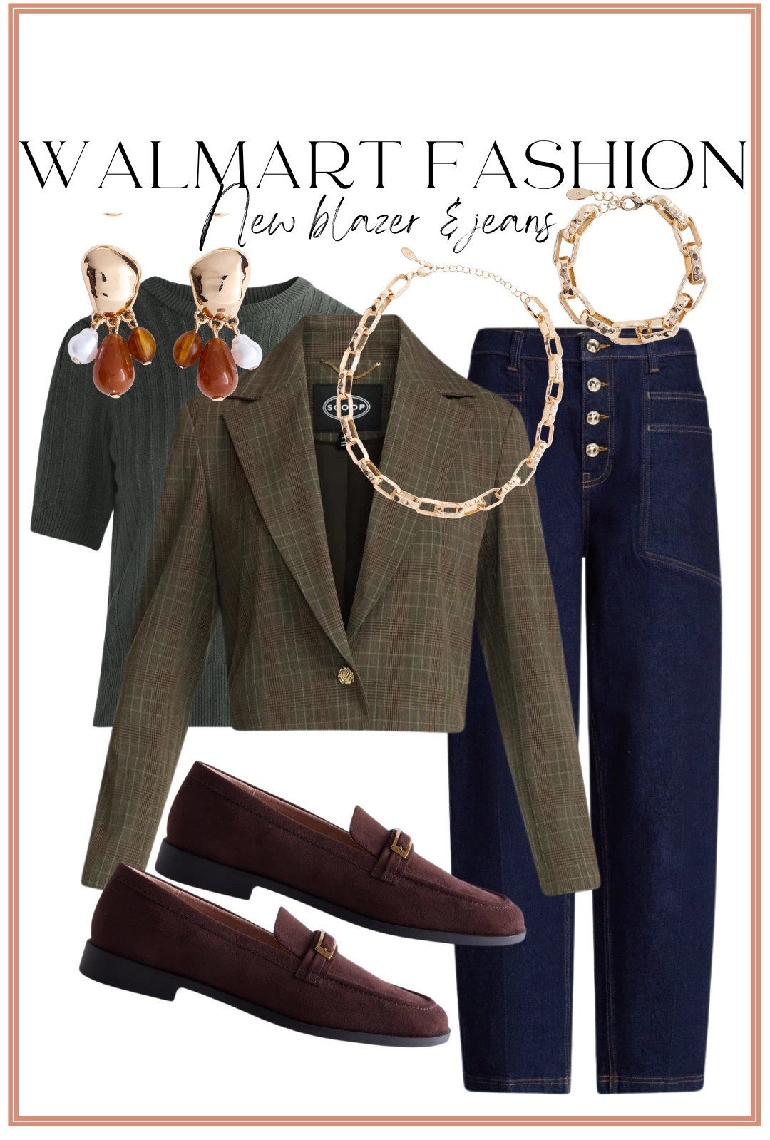 Walmart is seriously bringing it with the new fashion arrivals! 🤎 This plaid blazer + dark wash jeans combo looks SO elevated for Walmart prices. Add the chocolate brown loafers, layered gold jewelry and statement earrings and you have the cutest polished outfit for work, dinner, church or anywhere you want to look put together without spending a fortune. These rich brown and olive tones are going to be everywhere!

#WalmartFashion #WalmartFinds #WalmartNewArrivals #WalmartStyle #WalmartOutfit #WalmartFashionFinds #AffordableFashion #AffordableStyle #FallOutfitIdeas #FallFashion #BlazerOutfit #WomensFashion #OutfitInspo #BudgetFashion #WalmartMustHaves

#LTKootd #LTKPetite