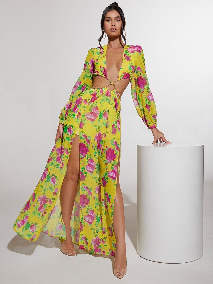 SHEIN BAE Floral Print Chain Detail Plunging Neck Lantern Sleeve Slit Thigh Chiffon Dress | SHEIN