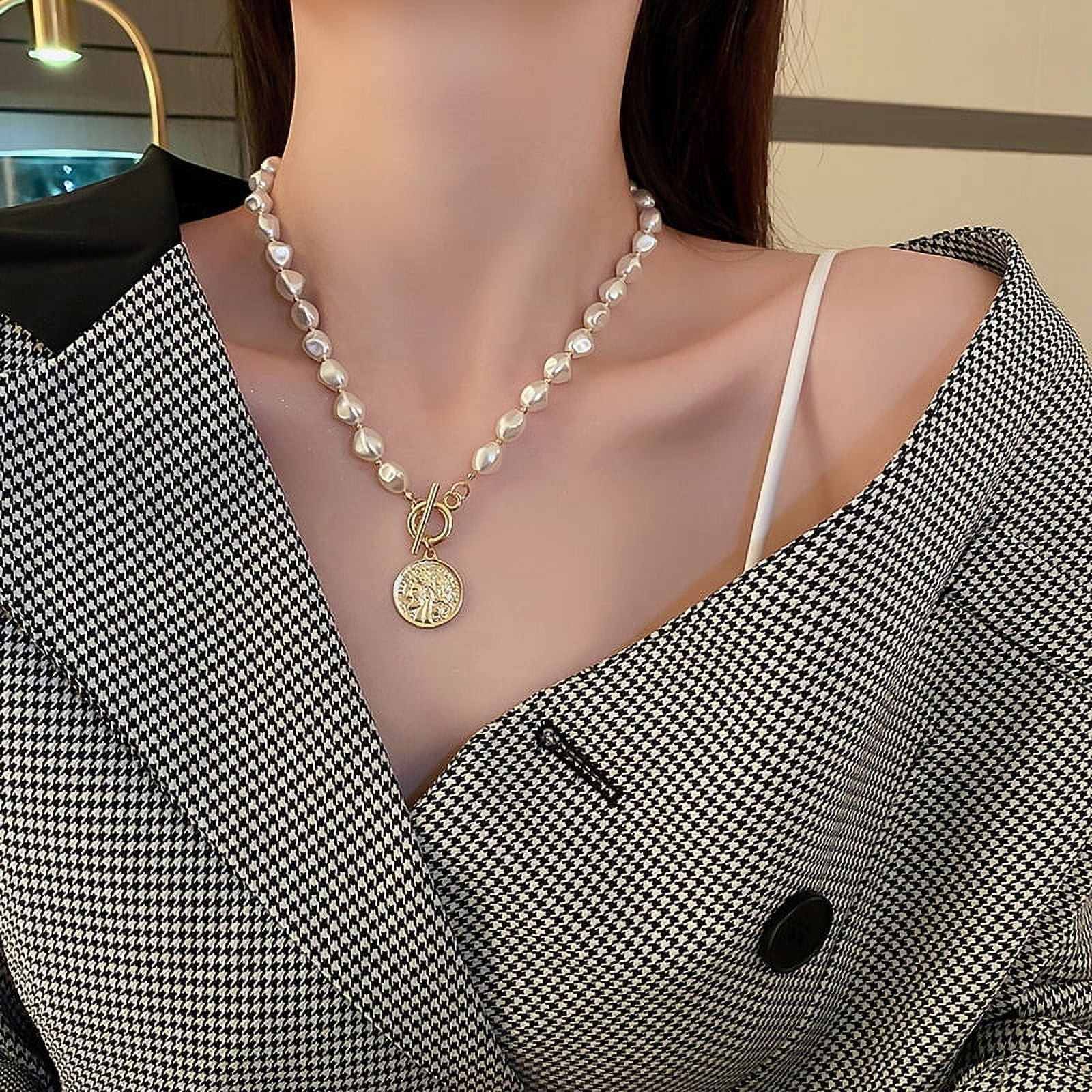 Y2K Pearl Choker Necklace Baroque Cultured Handpicked Pearl 18K Gold Plated Bead Ball Chain Coin ... | Walmart (US)