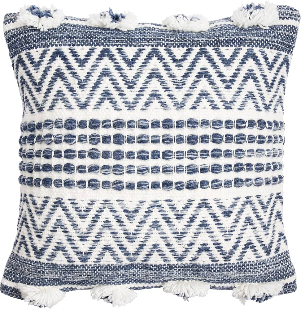 Pom Pom Throw Pillow Cover Blue and White 18x18 Inch Handwoven, Luxurious and Fashionable 1 Piece... | Amazon (US)