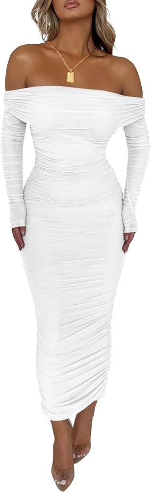 PRETTYGARDEN Women's Fall Off The Shoulder Maxi Dress Spring Long Sleeve Ruched Fitted Bodycon Cl... | Amazon (US)