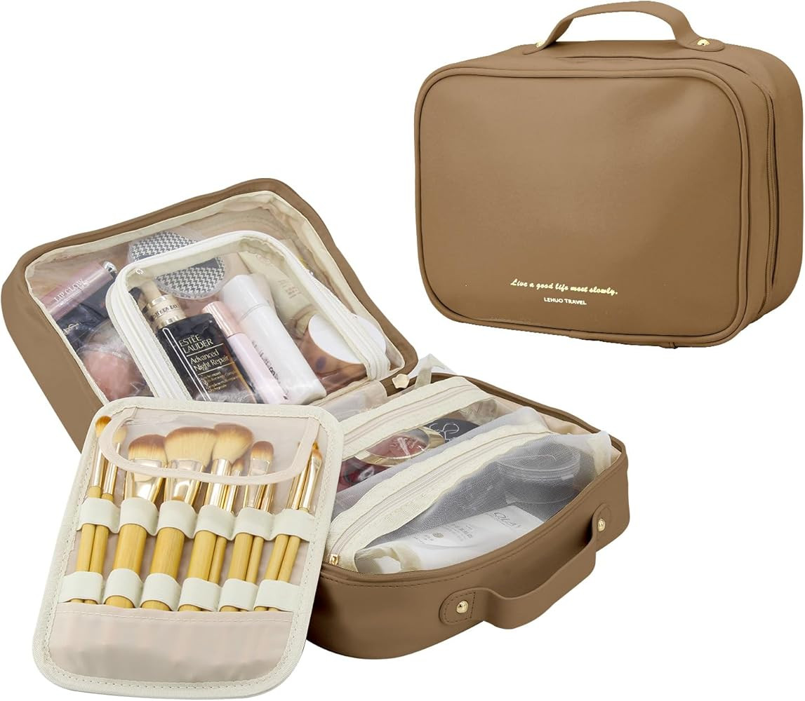 Travel Makeup Bag Large Capacity Cosmetic Organizer Waterproof Leather Toiletry Bag with Brush Ho... | Amazon (US)
